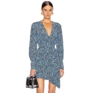 Les Reveries Silk Long Sleeve Mini Wrap Dress in Blue Leopard